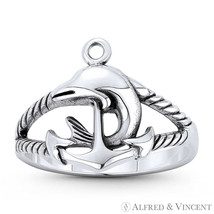 Dolphin on Anchor .925 Sterling Silver Mariner&#39;s Nautical Sailor Luck Charm Ring - £17.31 GBP