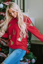 Fiery Red Sequined Christmas Tree Raglan Sleeve Sweatshirt - $22.51