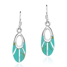 Celestial Oval Green Turquoise Inlay Sterling Silver Dangle Earrings - £22.15 GBP