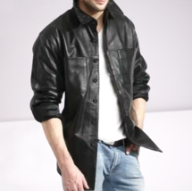 Men black leather shirt designer sheepskin zipper men leather jacket shi... - £126.64 GBP+