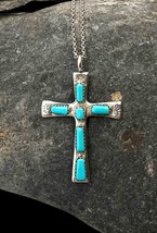 Wilbert Iule Signed Zuni Sterling Silver Blue Turquoise Cross Pendant Ne... - $149.99
