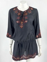 World Market Tunic Top S / M Black Red Orange Floral Embroidered Tie Nec... - £19.73 GBP