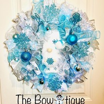 White Snowflake Gnome Blue Ribbon Door Wreath Handmade 22 ins LED W51 - $90.00