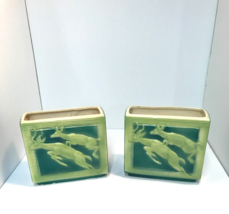Vintage MCM Two Royal Copley Chartreuse Green Leaping Deer Square Plante... - £23.22 GBP