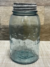 Antique Atlas Strong Shoulder Mason Aqua Glass Quart Fruit Jar w/ Zinc Lid - £12.92 GBP