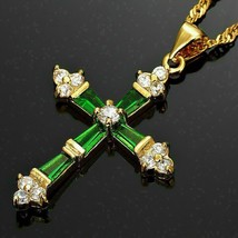 3Ct Smeraldo &amp; Lab-Created Diamante Croce Ciondolo 14K Argento Placcato Oro 18 &quot; - $284.44