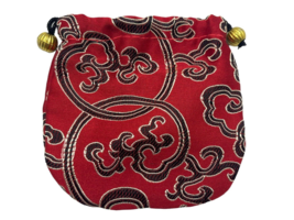 Vintage Red Asian Silk Jewelry Pouch Bag Black Floral 4&quot; Makeup - £9.59 GBP