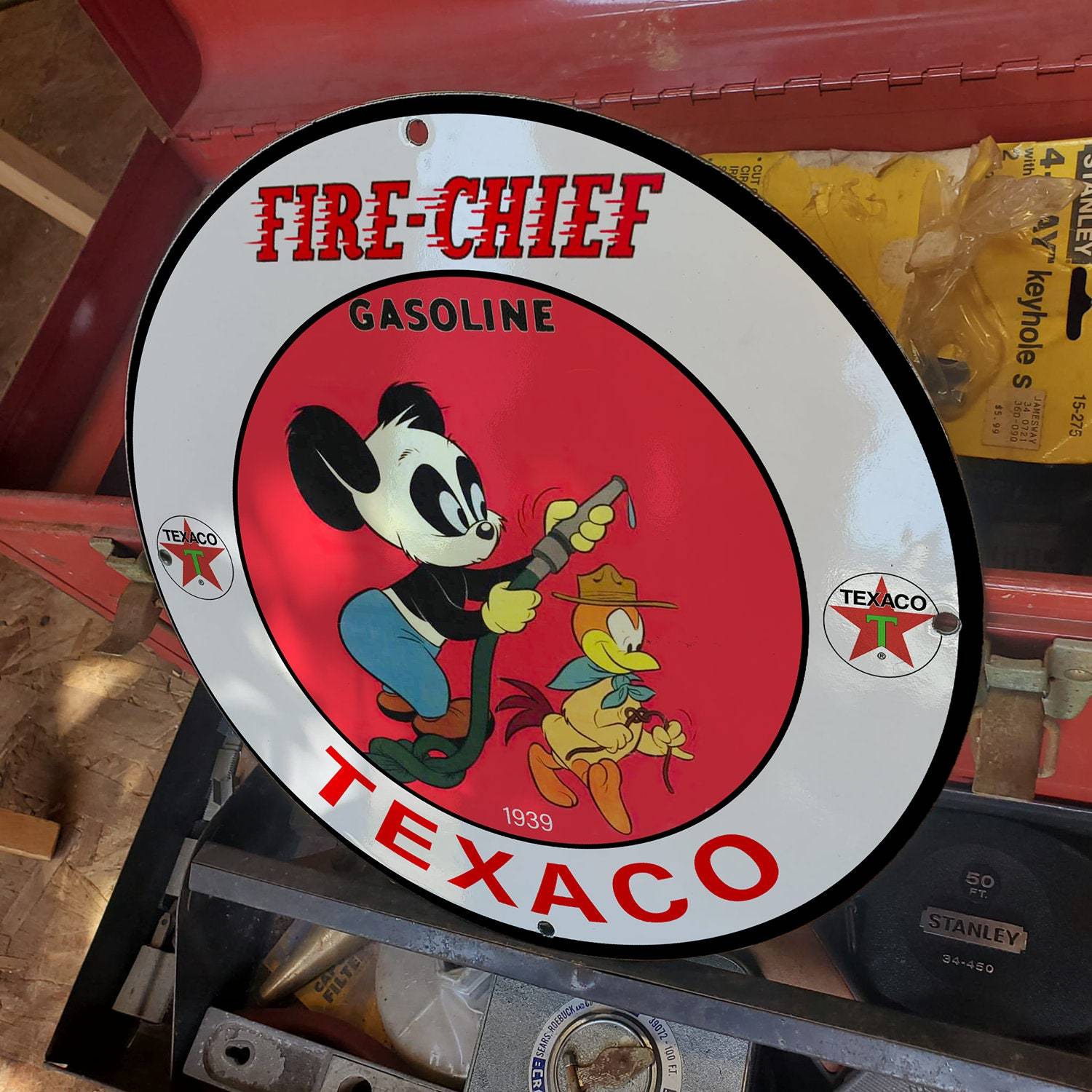 Vintage 1939 Texaco Fire Chief Gasoline ''Andy Panda'' Porcelain Gas & Oil Sign - $125.00