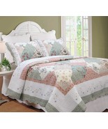 Cozy Line Home Fashions Floral Real Patchwork Green Peach Scalloped, 3 P... - $89.96