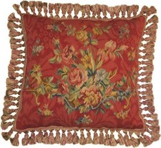 Aubusson Throw Pillow 20x20 Handwoven Red Flowers - £238.96 GBP