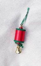 Festive Wooden Spool Christmas Ornament with Bell - Handmade Holiday - £8.68 GBP