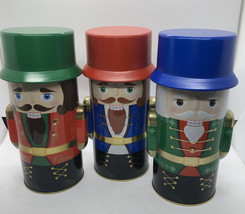 Lot 3 Decorative Christmas Nutcrackers 8&quot; Metal Tin Hat Lid Container Canisters - £20.17 GBP