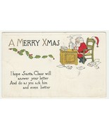 Vintage Postcard Christmas Santa Claus Smokes Pipe at Desk 1915 - $8.90