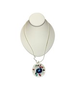 Vintage White Filigree Round Pendant Necklace Colorful Rhinestone Cable ... - $29.02