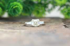 1.5Ct Asscher Cut Moissanite Three Stone Engagement Ring,14k Silver Wedding Ring - £105.45 GBP