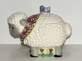 COOKIE JAR * Sheep Blue Bird, Red neck scarf, Hard to find, Flowers Betw... - $32.68