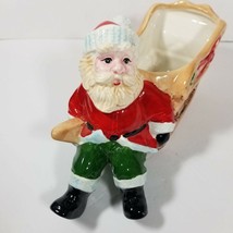 Santa Claus Candy Dish Pulling His Own Sleigh Christmas Planter Trinket Ceramic - £10.27 GBP