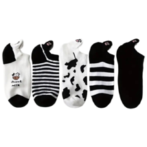 5 Pairs of Cow Stripe Socks Low Cut Ankle White Black Women&#39;s Stockings ... - £13.15 GBP