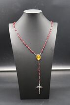 Vtg Catholic Rosary w/ Red Beads &amp; Jesus Virgin Mary Centerpiece - $24.99