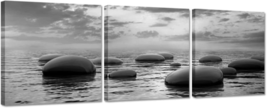 Black and White Sea Rock Stone Zen Wall Art 3 Panels - Seascape Painting Picture - £44.73 GBP