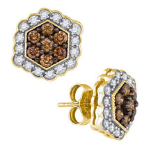 10k Yellow Gold Round Brown Color Enhanced Diamond Hexagon Cluster Earrings - £449.59 GBP