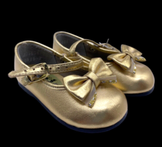 Vtg Baby Toddler Girls Shoes Size 3 Gold Bow Mary Jane Dress Shoe 90s Ch... - £14.23 GBP