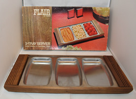 Mid Century Flair By Foley Solid Walnut Stainless Steel Party 3 Tray Server Dish - £26.00 GBP