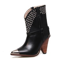 Woman Fashion Western Boots Chic Leather Ankle Boots Women Metal Pointed Toe Riv - £111.86 GBP