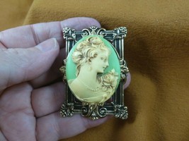 (cm43-62) LADY ROSE Pine Resin green + ivory CAMEO jewelry Pin pendant necklace - £27.64 GBP