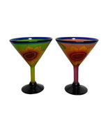 Vtg Hand Painted Blown Sunflower Margarita Martini Glass Cobalt Blue Set... - $48.50