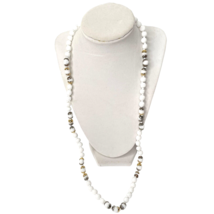 Miriam Haskell Necklace 28&quot; Signed White Milk Glass Beads Gold Silver Tone - $45.82