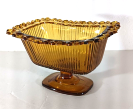 Vintage Amber Glass FTDA 1981 Open Lace Ribbed Pedestal Candy Dish - $14.24