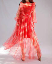Red Long Tutu Dress Gowns Long Sleeve Vintage Inspired Pink Plaid Pattern image 5