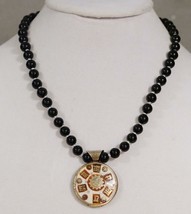 Vintage Jewelry Ethnic OM Mantra Tibet Hindu Brass Inlay Pendant Beaded Necklace - £22.94 GBP