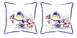 Pair of Betsy Drake Blue Bird &amp; Snow Large Indoor Outdoor Pillows 18 In. X 18 In - £70.46 GBP