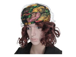 60s Vintage Metallic Hat Floral Gold Red Yellow Black Midcentury Party - £28.21 GBP