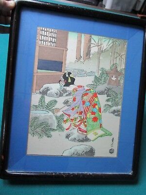 Primary image for WOODBLOCK PRINT JAPANESE LADY WATERING THE GARDEN SIGNED