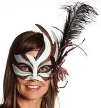 Womens Halloween Eye Face Mask Masquerade Gold White Brown Black Feather - £6.20 GBP