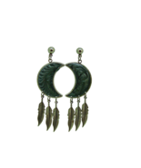 Green Teal Enamel Moon And Feather Dangle Drop Fashion Earrings Silver T... - $12.57