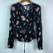 American Rag Juniors XS Black Floral Lace Trimmed Lace Up Peasant Top NWT AS19 - £9.96 GBP