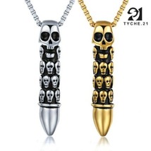 Mens Gothic Punk Retro Skull Bullet Pendant Necklace Stainless Steel Chain 24" - £9.58 GBP