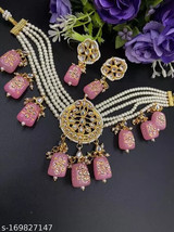 Kundan Hand Painted Beads Earrings Necklace Punjabi Muslim Bridal Jewelry Set 03 - £24.18 GBP
