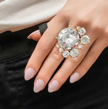 Women's Beautiful Fashion Clear Round Crystal Gold Plated Stretch Cocktail Ring - $35.14