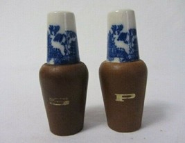 Vintage Mid Century Modern Wood Salt &amp; Pepper Shakers w/ Delft Blue Ceramic Tops - £6.14 GBP