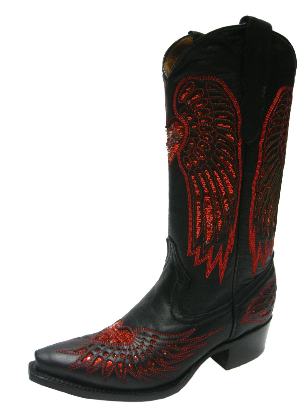 Womens Western Boots Cowboy Black Leather Red Sequins Heart Wings Size 4.5 - $76.82