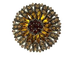 Vintage Style Amber Rhinestone Sunburst Brooch Gold Tone Floral Pin Mid ... - $21.60