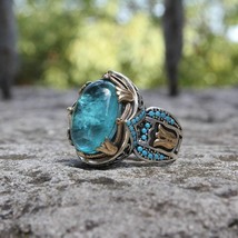 Carved Blue Gemstone Ring American Vintage Gemstone Wedding Rings - £17.60 GBP