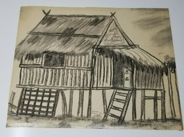 Charcoal Drawing of Stilt House Hut Thatched Roof Drawing Vintage 1958 O... - $28.45