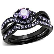 Purple CZ Halo Wedding Ring Set Black Plated Stainless Steel TK316 - £15.66 GBP