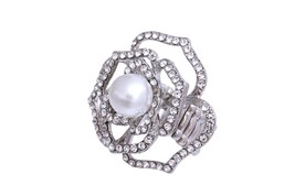 Women Beautiful Pave Rhinestone Flower Cream Pearl Silver Stretch Fashion Ring - £24.28 GBP